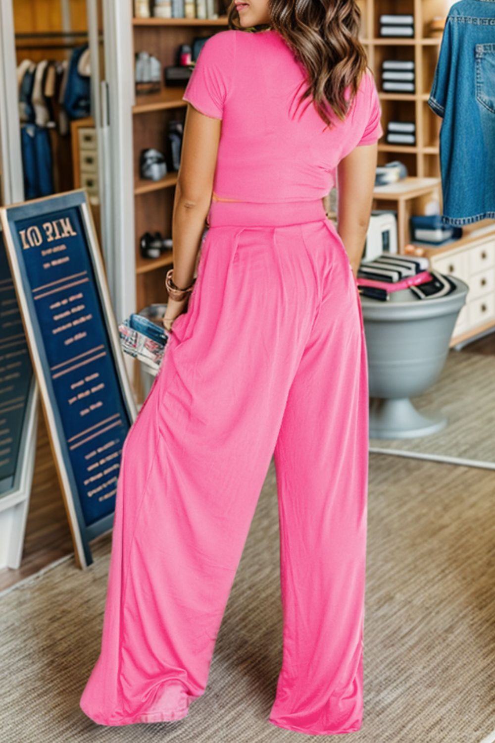 Short Sleeve Top and Wide Leg Pants Set